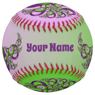 Lovely Pink Green Hearts Modern Fractal Name Softball
