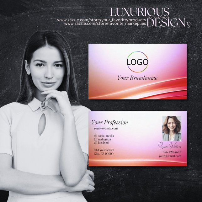 Lovely Pink Lilac Curved Decor with Logo and Photo Business Card (Creator Uploaded)