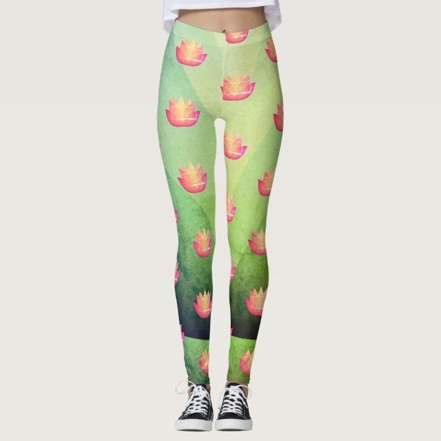Lovely Pink Lotus Flower Pattern Leggings (Front)