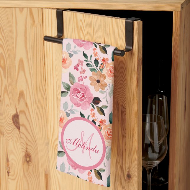 Lovely Pink, Orange Tan Floral Monogrammed Tea Towel (Thirds Fold)