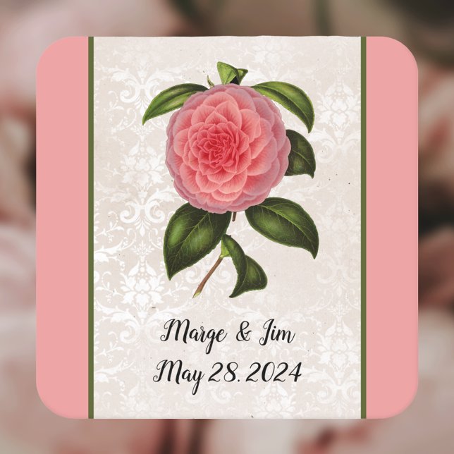 Lovely Pink Peony on Lacey Looking Damask and Name Square Paper Coaster (Creator Uploaded)