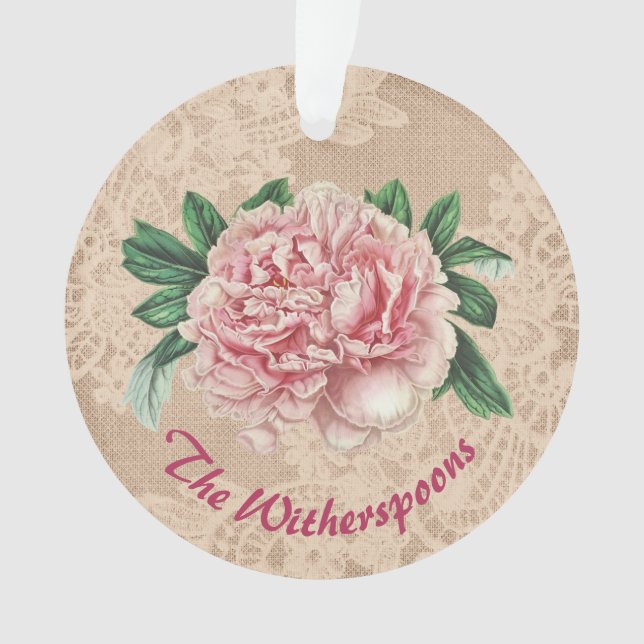 Lovely Pink Peony on Pink Faux Lace Ornament (Front)