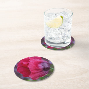 Lovely PInk & Purple Poppy Flower Round Paper Coaster