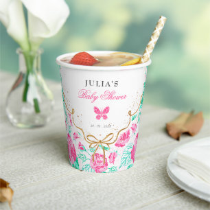 Lovely Pink Rose Floral Golden Bow Baby shower Paper Cups