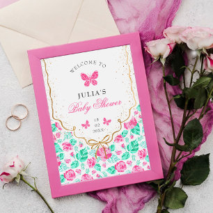 Lovely Pink Rose Floral Golden Bow Baby shower Poster