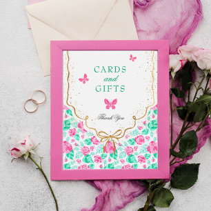 Lovely Pink Rose Floral Golden Bow Baby shower Poster