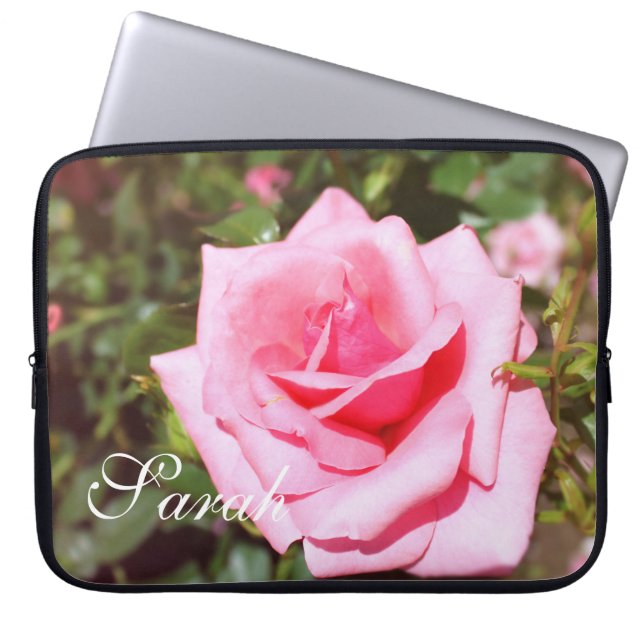 Lovely pink rose flower laptop case. with name. laptop sleeve (Front)
