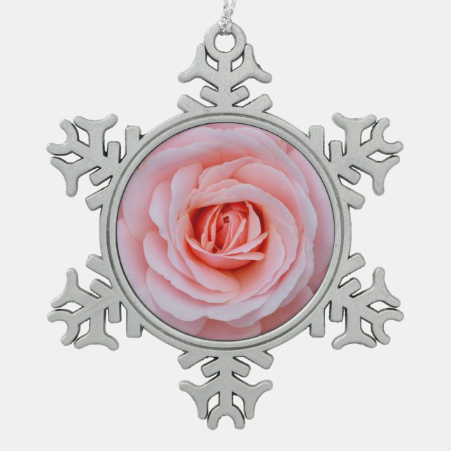 Lovely pink rose snowflake pewter christmas ornament (Front)