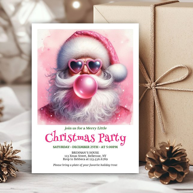 Lovely pink santa chewing gum watercolor invite (Lovely pink santa chewing gum watercolor invite card)