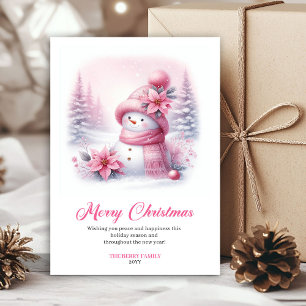 Lovely pink snowman Christmas kids card editable 