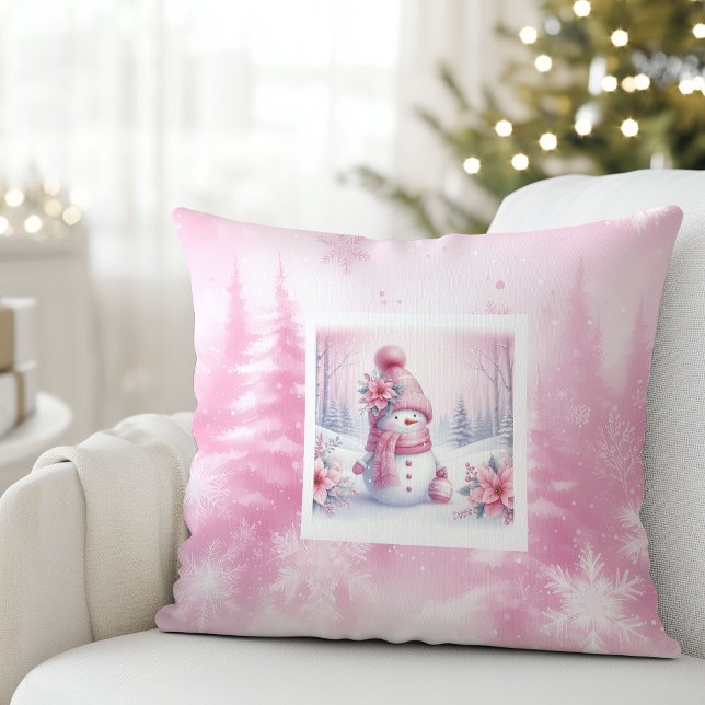 Lovely Pink Snowman Christmas Scene Kids Pillow (Lovely Pink Snowman Christmas Scene Kids Pillow)