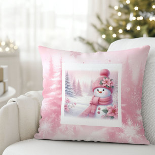 Lovely Pink Snowman Christmas Scene Kids Room Cushion