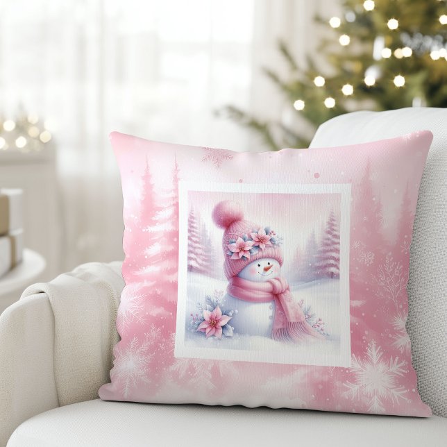 Lovely Pink Snowman Pillow Soft Winter Scene (Lovely Pink Snowman Pillow Soft Winter Scene)