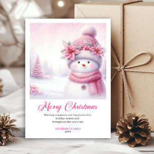 Lovely Pink Snowman Printable Christmas Scene Card