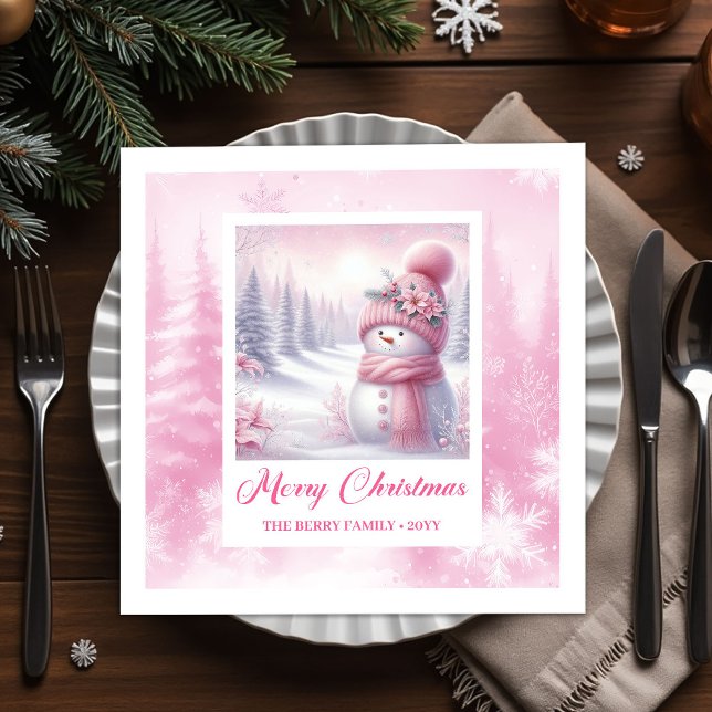 Lovely Pink Snowman Winter Scene Christmas Napkins (Lovely Pink Snowman Winter Scene Christmas Napkins Kids)