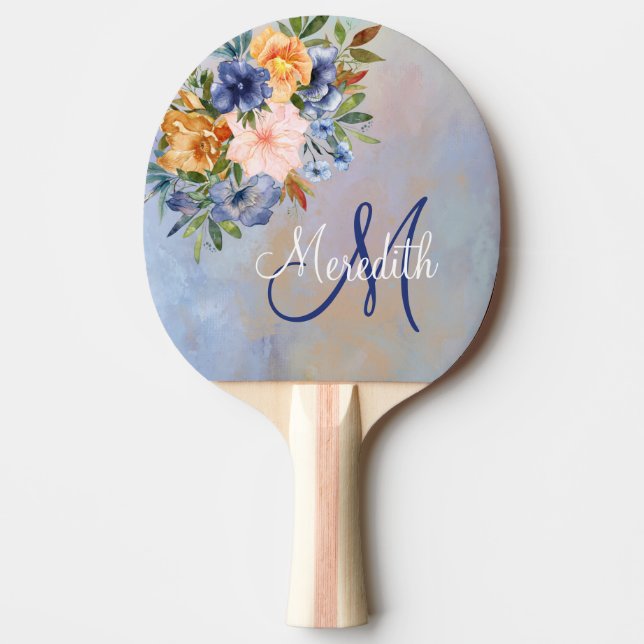 Lovely Pink Soft Pastel Flowers Monogram Name Ping Pong Paddle (Front)