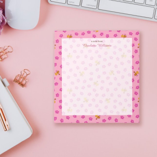 Lovely pink watercolor bee & flowers pattern Name  Notepad (Creator Uploaded)