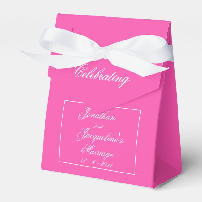 Lovely Pink Wedding White Bow & Names Cute Favour Box (Front Side)