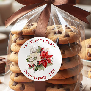 Lovely Poinsettia Floral Family Christmas Party Classic Round Sticker