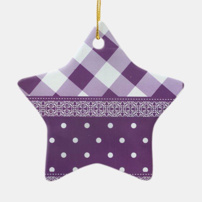 Lovely Purple chequered Damask Seamless Pattern Ceramic Ornament (Front)