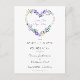 Lovely Purple Floral Heart Postponed Wedding Postcard