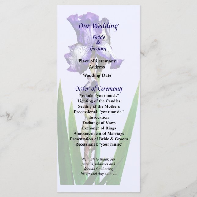 Lovely Purple Irises Wedding Program (Front)