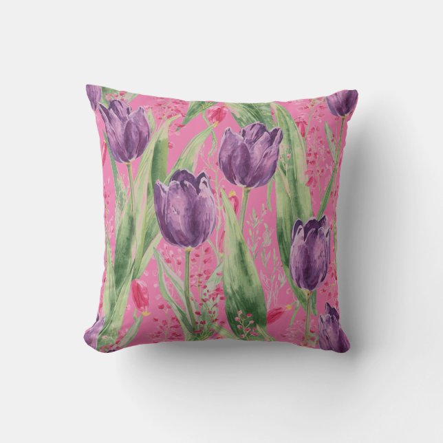 Lovely, Purple,Shocking Pink Tulip Flowers Pattern Cushion (Front)