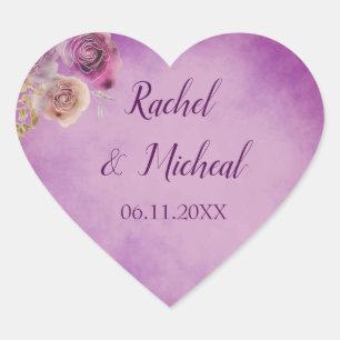 Lovely Purple Watercolor Floral Wedding Heart Sticker