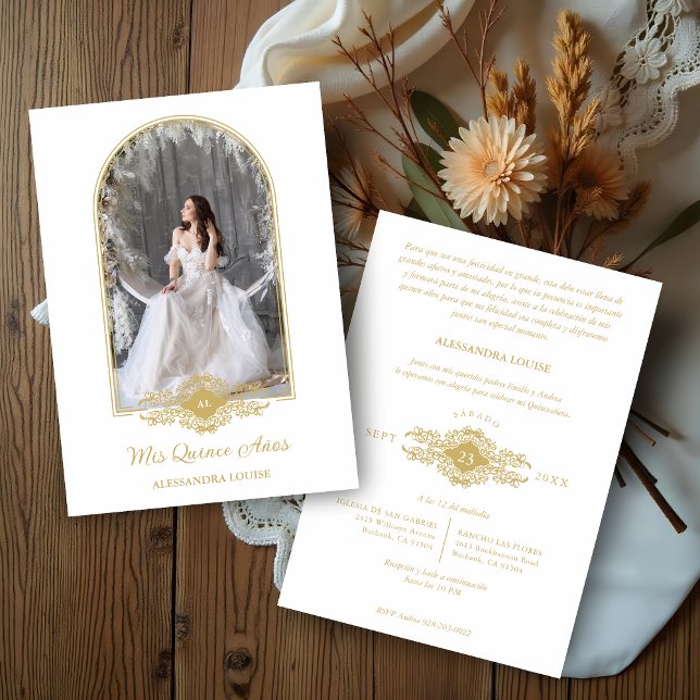 Lovely Quinceañera Spanish Stilysh Gold Chic Arch  Invitation (Lovely Quinceañera Spanish Stilysh Faux Golden Effect Arch Effect Photo Invitations Cards.)