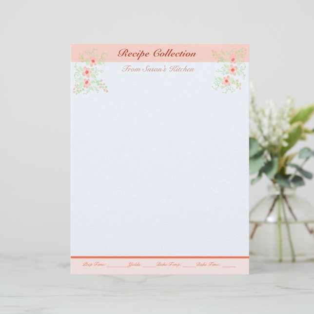 Lovely Recipe Stationary With Floral Custom Letterhead (Standing Front)