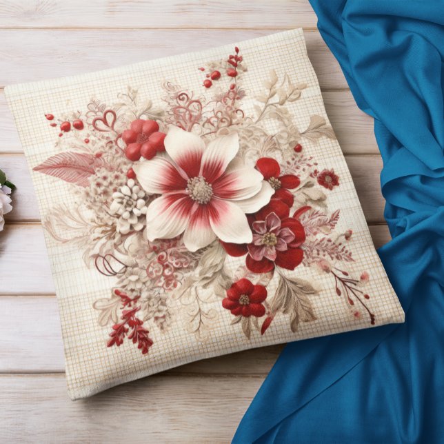 Lovely Red And White Flowers Plaid Cushion (Creator Uploaded)