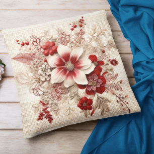 Lovely Red And White Flowers Plaid Cushion