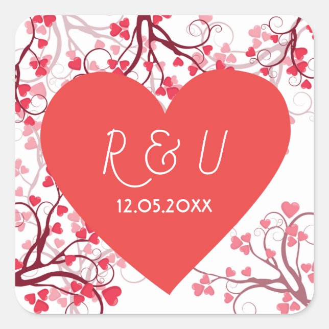 Lovely red and white wedding heart square sticker (Front)