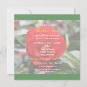 Lovely red camelia flowers green bridal shower invitation