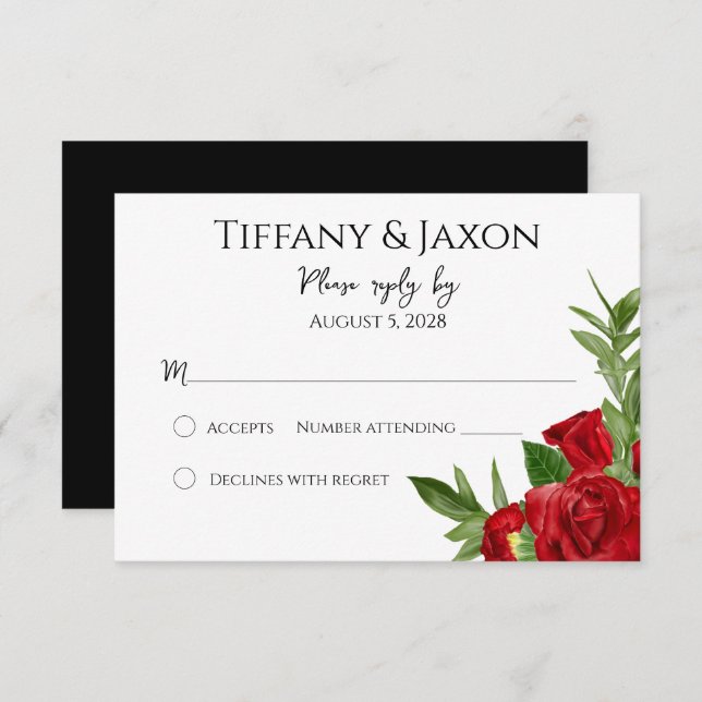 Lovely Red Floral Black RSVP Card (Front/Back)
