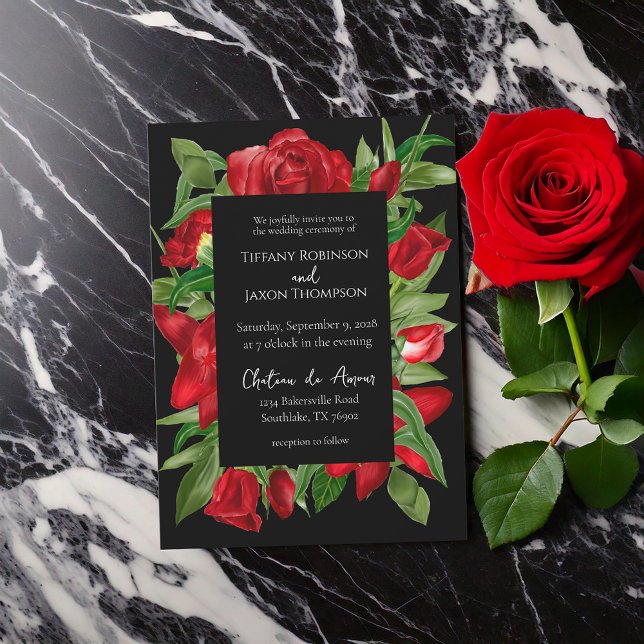 Lovely Red Floral Bouquet Black Wedding Invitation (Creator Uploaded)