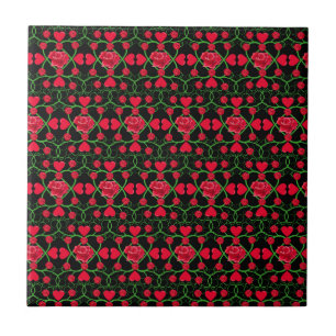 Lovely Red Hearts Roses Black Cute Valentines Day Ceramic Tile