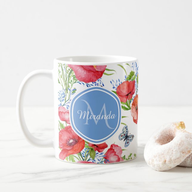 Lovely Red Poppies With Blue Butterflies and Name Coffee Mug (With Donut)