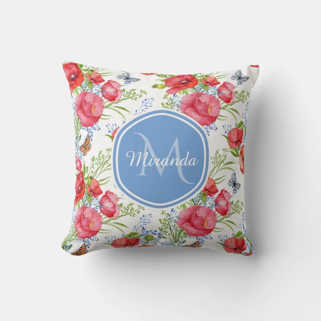 Lovely Red Poppies With Blue Butterflies and Name Cushion (Front)
