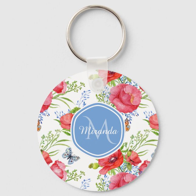 Lovely Red Poppies With Blue Butterflies and Name Key Ring (Front)