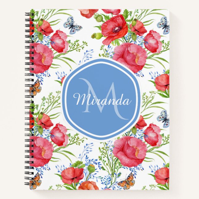 Lovely Red Poppies With Blue Butterflies and Name Notebook (Front)