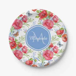 Lovely Red Poppies With Blue Butterflies and Name Paper Plate