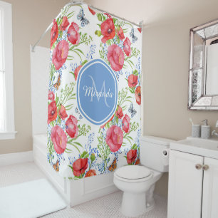 Lovely Red Poppies With Blue Butterflies and Name Shower Curtain