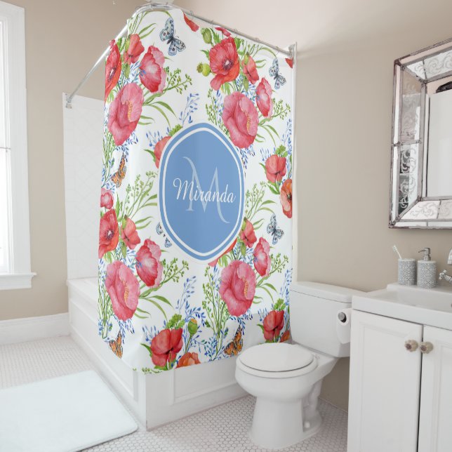 Lovely Red Poppies With Blue Butterflies and Name Shower Curtain (In Situ)