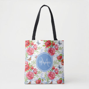 Lovely Red Poppies With Blue Butterflies and Name Tote Bag