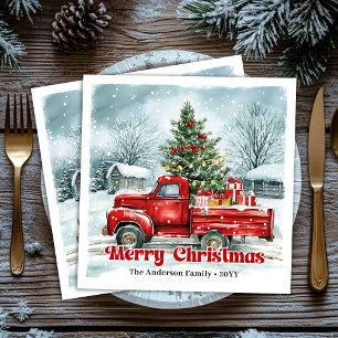 Lovely red truck Christmas scene rustic napkin set