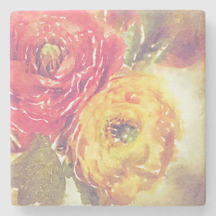 Lovely Red Yellow Ranunculus Flowers Watercolor Stone Coaster