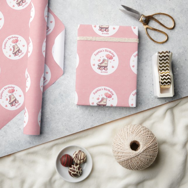 Lovely Roller Skating Pink Girl's Birthday Party Wrapping Paper (Crafts)