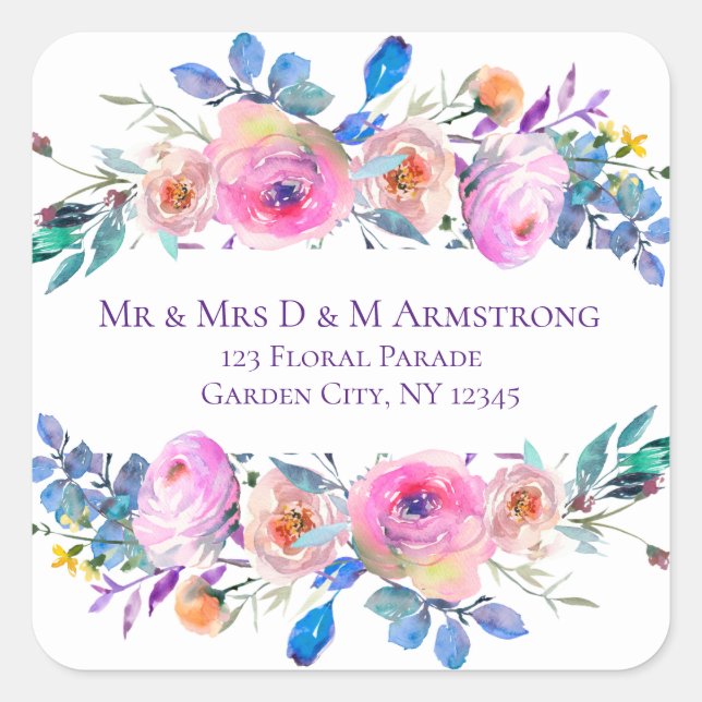 Lovely Romantic Pink Floral Water Colour Square Sticker (Front)