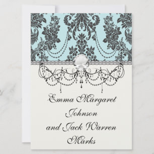 Lovely rose black and baby blue damask invitation